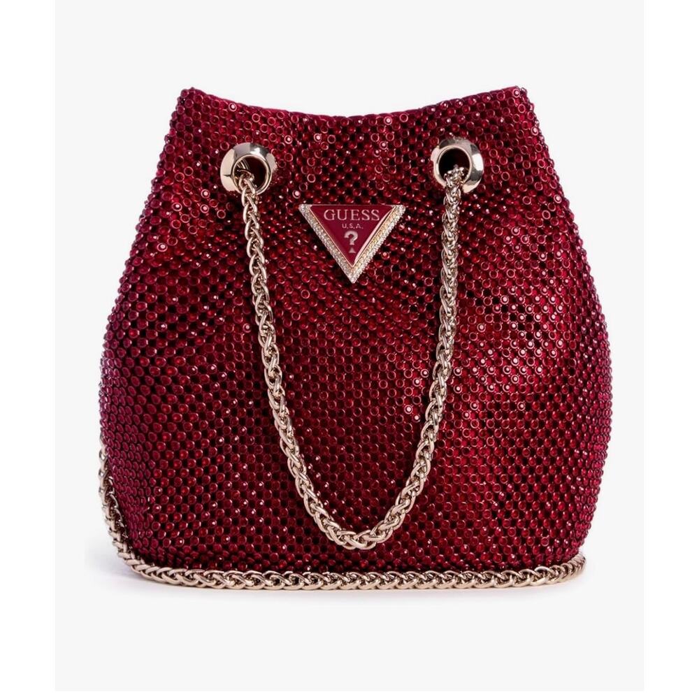 NWT Guess Red Rhinestone Purse Zalina Mesh Mini Pouch bag Claret prom wedding